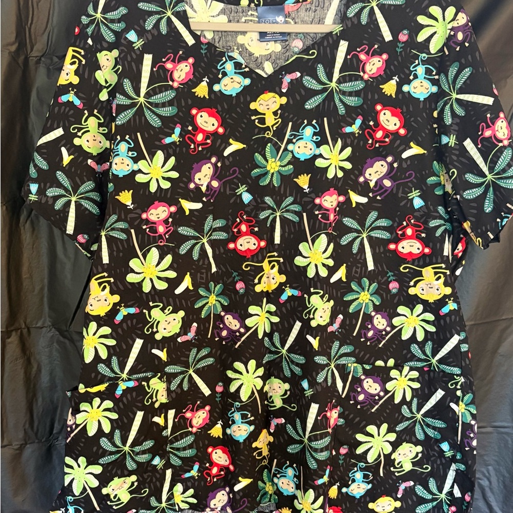 Colorful Monkey Print Scrub Top